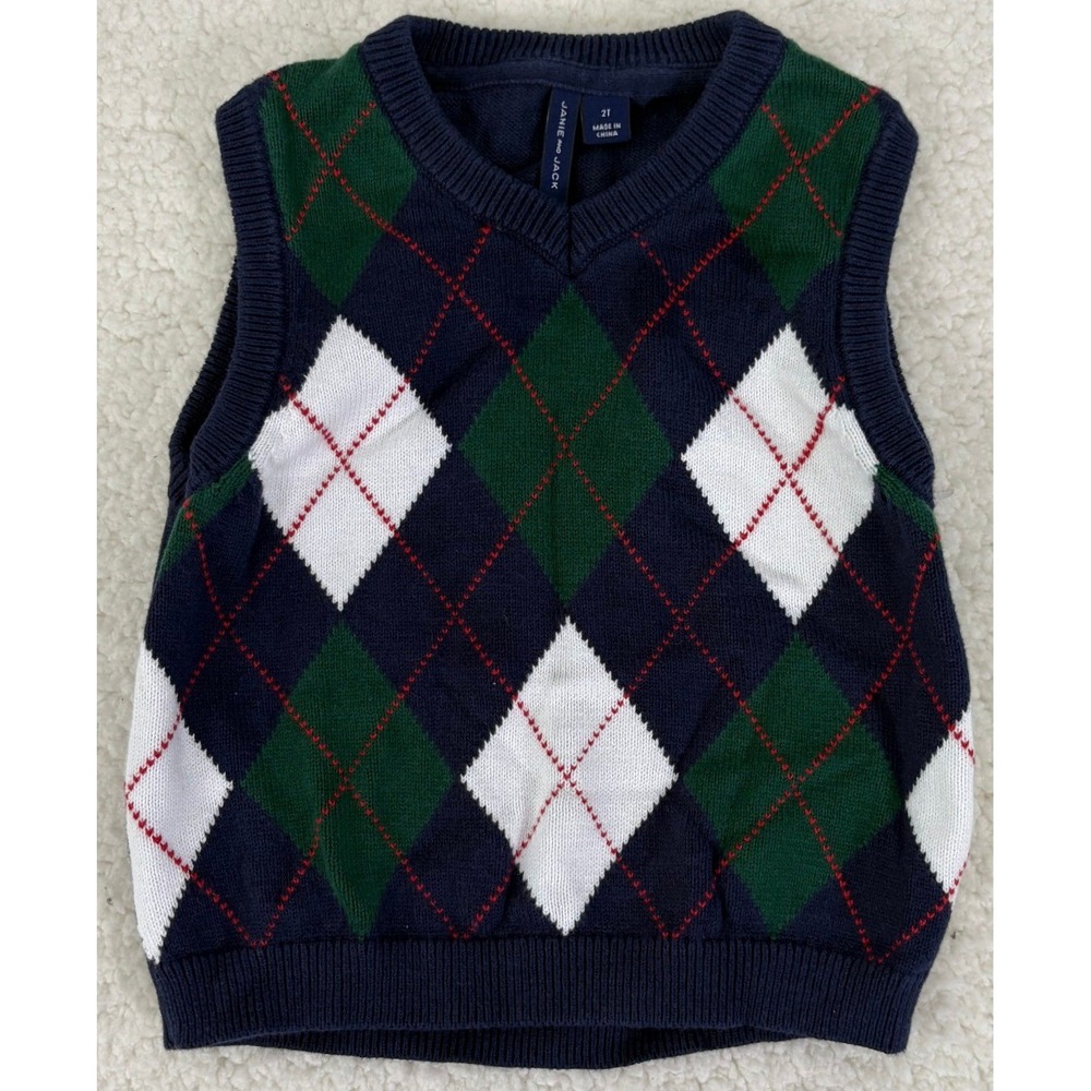 Janie and Jack Boys 2T Navy Blue Green Argyle Cotton Knit V-Neck Sweater Vest